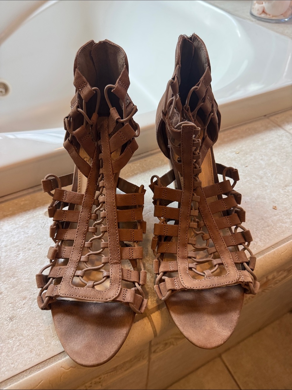Vince Camuto Brown Strappy Gladiator Sandals with Block Heel